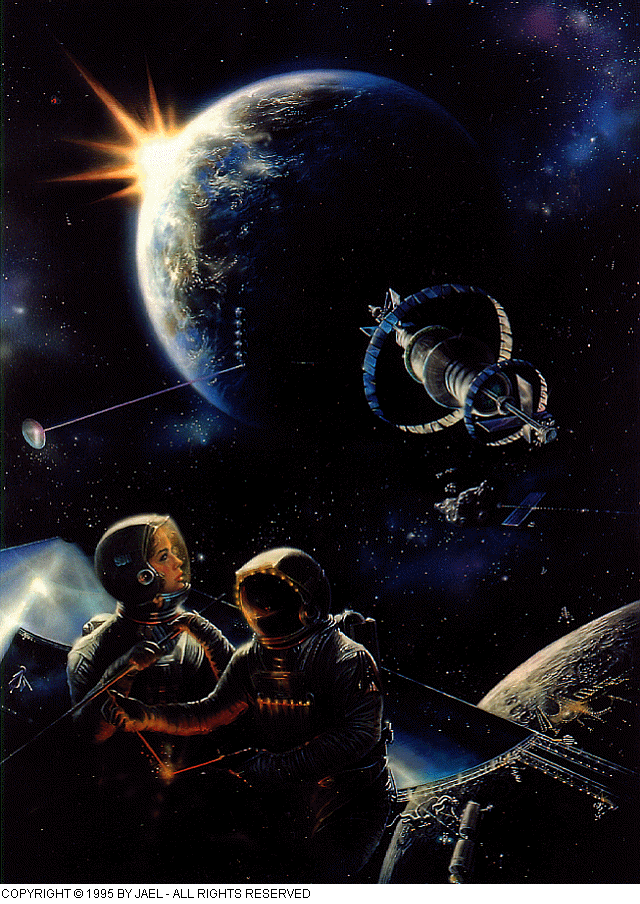 A clipart image of two astronauts welding the outside of a spaceship, with earth, the moon, and an artifical satellite in the distance. Earth has a space elevator extending from below the equator, and the moon is covered in cities. The caption reads 'COPYRIGHT © 1995 BY JAEL - ALL RIGHTS RESERVED'.
